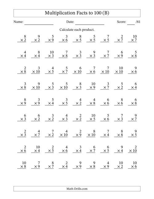 The Multiplication Facts to 100 (81 Questions) (No Zeros or Ones) (B) Math Worksheet