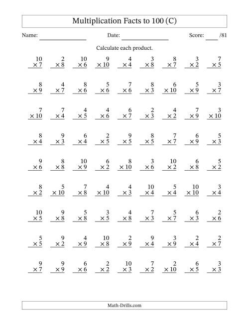 The Multiplication Facts to 100 (81 Questions) (No Zeros or Ones) (C) Math Worksheet