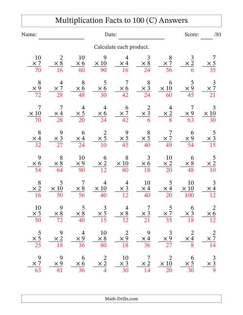 The Multiplication Facts to 100 (81 Questions) (No Zeros or Ones) (C) Math Worksheet Page 2