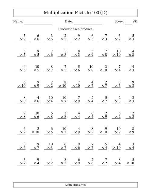 The Multiplication Facts to 100 (81 Questions) (No Zeros or Ones) (D) Math Worksheet