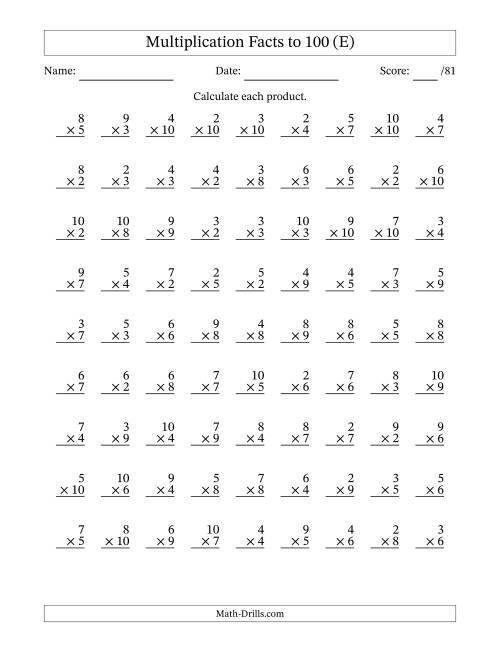 The Multiplication Facts to 100 (81 Questions) (No Zeros or Ones) (E) Math Worksheet