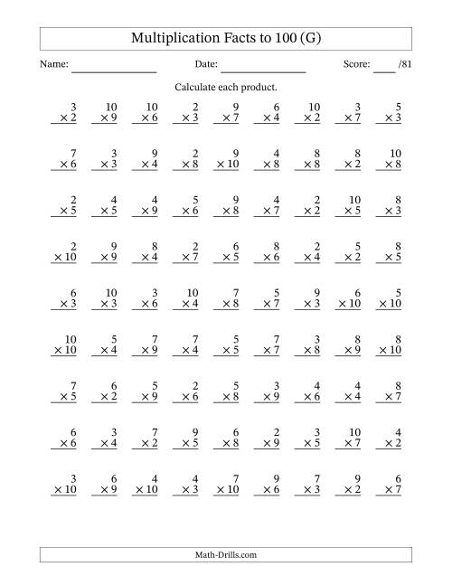 The Multiplication Facts to 100 (81 Questions) (No Zeros or Ones) (G) Math Worksheet