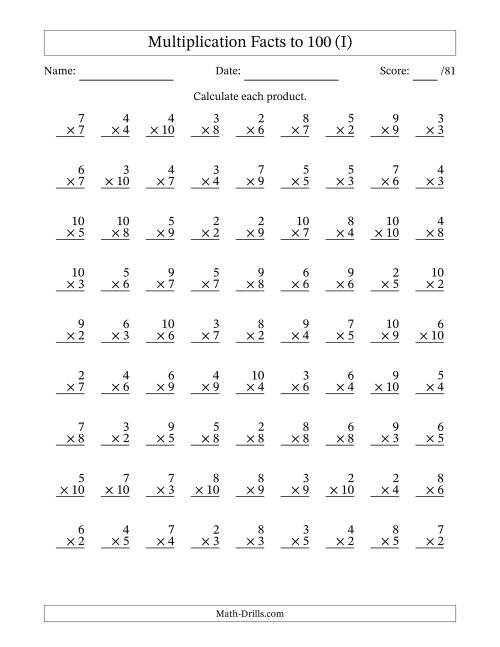 The Multiplication Facts to 100 (81 Questions) (No Zeros or Ones) (I) Math Worksheet