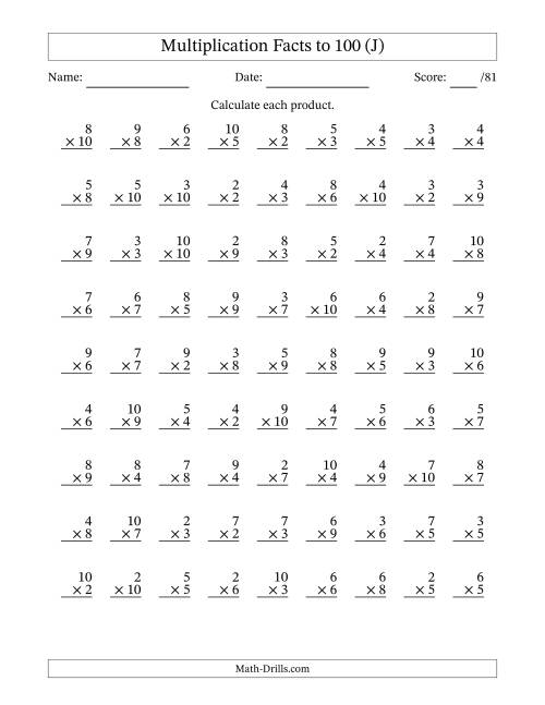 The Multiplication Facts to 100 (81 Questions) (No Zeros or Ones) (J) Math Worksheet