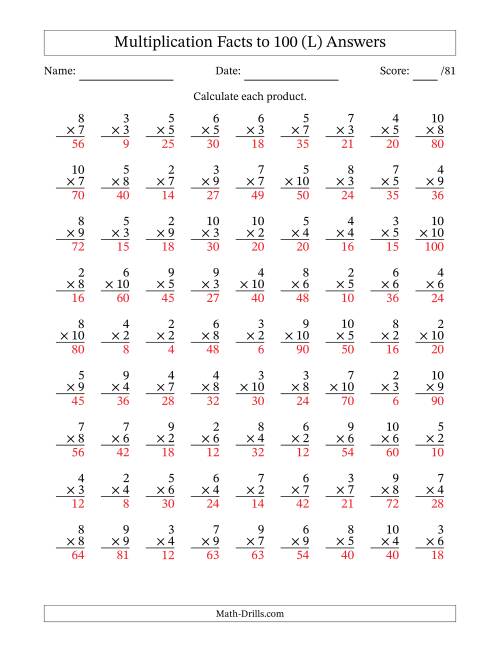 The Multiplication Facts to 100 (81 Questions) (No Zeros or Ones) (L) Math Worksheet Page 2