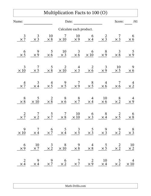 The Multiplication Facts to 100 (81 Questions) (No Zeros or Ones) (O) Math Worksheet