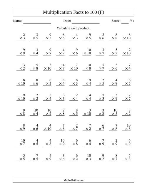 The Multiplication Facts to 100 (81 Questions) (No Zeros or Ones) (P) Math Worksheet