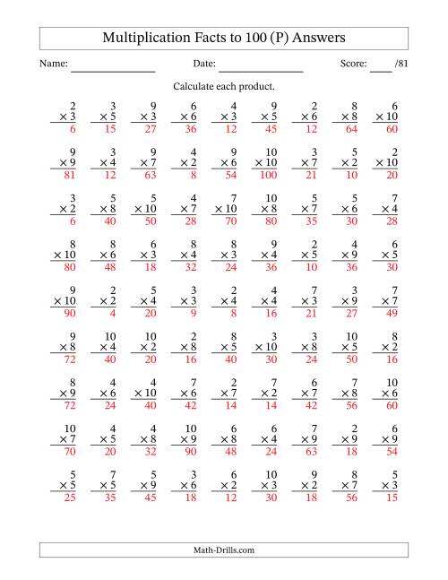 The Multiplication Facts to 100 (81 Questions) (No Zeros or Ones) (P) Math Worksheet Page 2