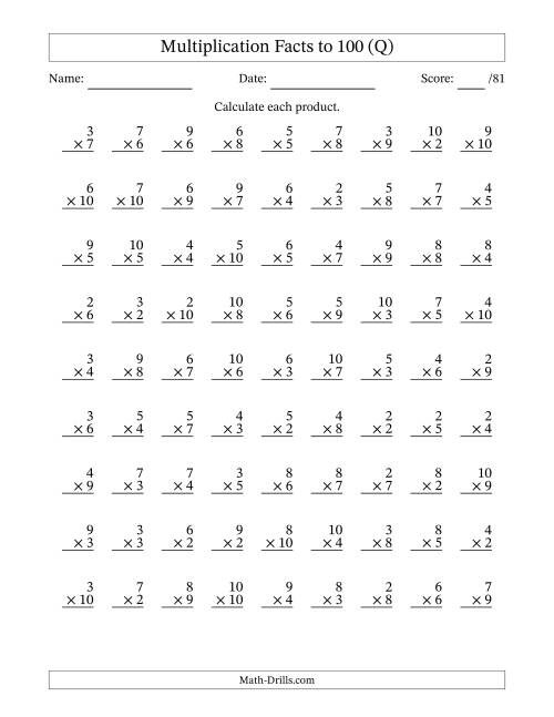 The Multiplication Facts to 100 (81 Questions) (No Zeros or Ones) (Q) Math Worksheet