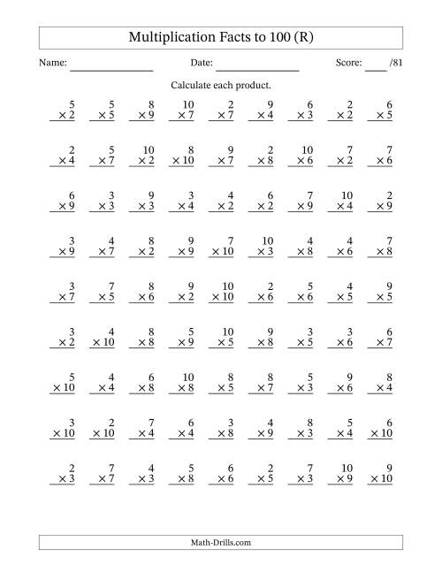 The Multiplication Facts to 100 (81 Questions) (No Zeros or Ones) (R) Math Worksheet