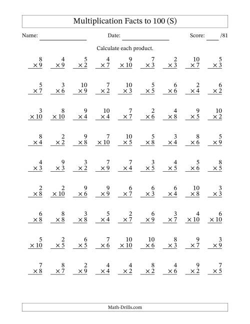 The Multiplication Facts to 100 (81 Questions) (No Zeros or Ones) (S) Math Worksheet