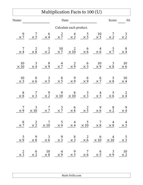 The Multiplication Facts to 100 (81 Questions) (No Zeros or Ones) (U) Math Worksheet