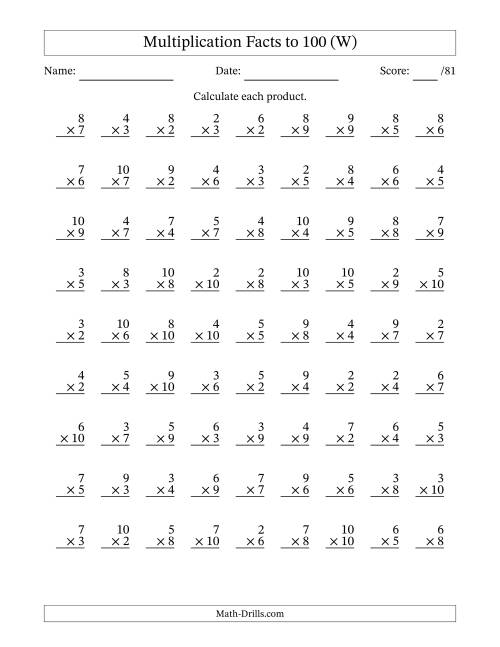 The Multiplication Facts to 100 (81 Questions) (No Zeros or Ones) (W) Math Worksheet