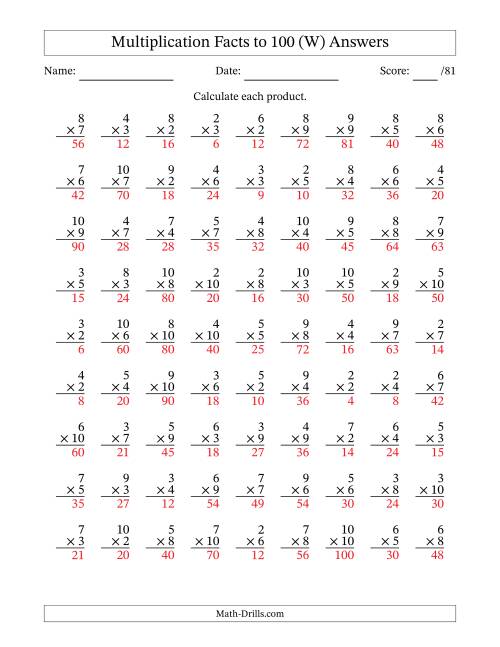 The Multiplication Facts to 100 (81 Questions) (No Zeros or Ones) (W) Math Worksheet Page 2
