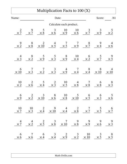 The Multiplication Facts to 100 (81 Questions) (No Zeros or Ones) (X) Math Worksheet