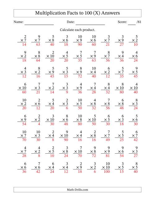 The Multiplication Facts to 100 (81 Questions) (No Zeros or Ones) (X) Math Worksheet Page 2