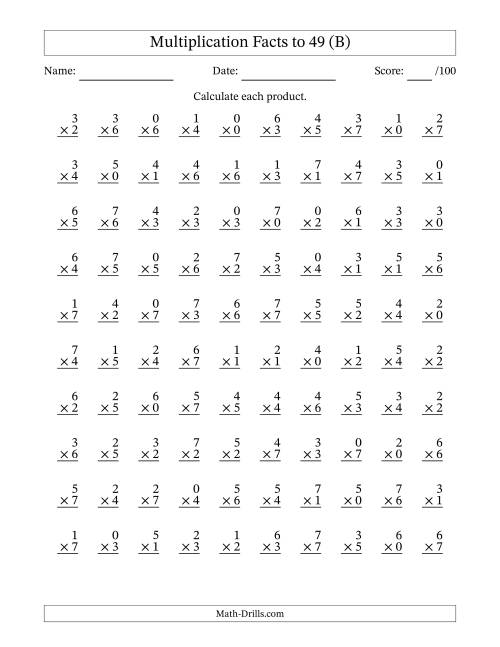 The Multiplication Facts to 49 (100 Questions) (With Zeros) (B) Math Worksheet