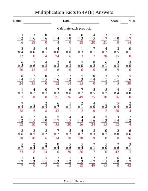The Multiplication Facts to 49 (100 Questions) (With Zeros) (B) Math Worksheet Page 2