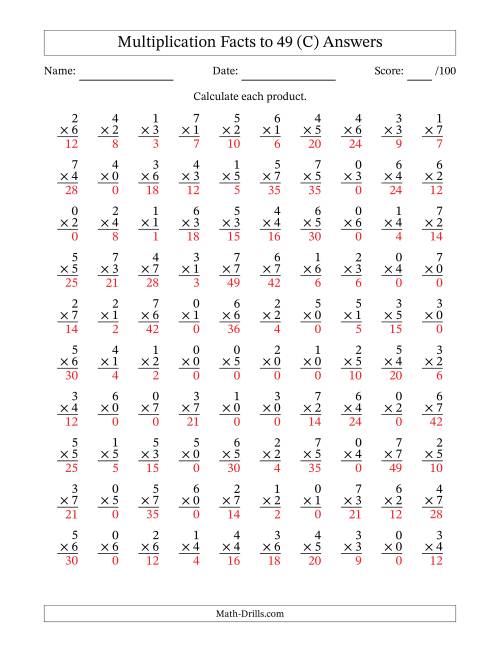 The Multiplication Facts to 49 (100 Questions) (With Zeros) (C) Math Worksheet Page 2