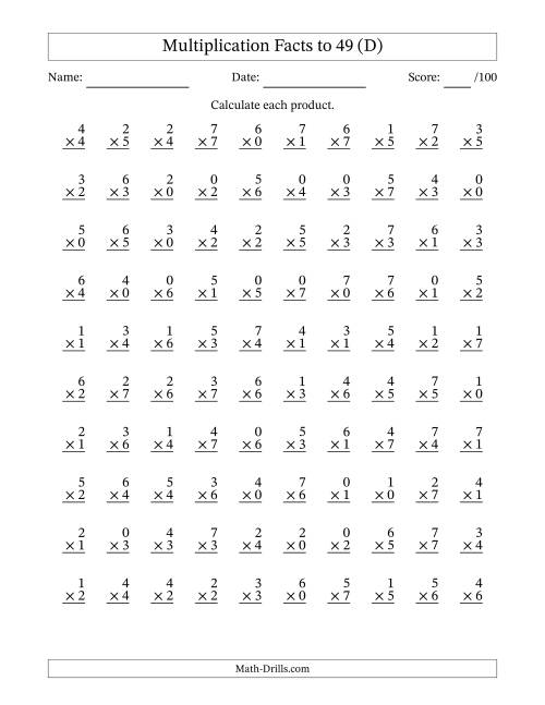 The Multiplication Facts to 49 (100 Questions) (With Zeros) (D) Math Worksheet