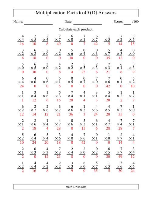 The Multiplication Facts to 49 (100 Questions) (With Zeros) (D) Math Worksheet Page 2