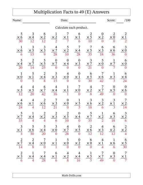 The Multiplication Facts to 49 (100 Questions) (With Zeros) (E) Math Worksheet Page 2
