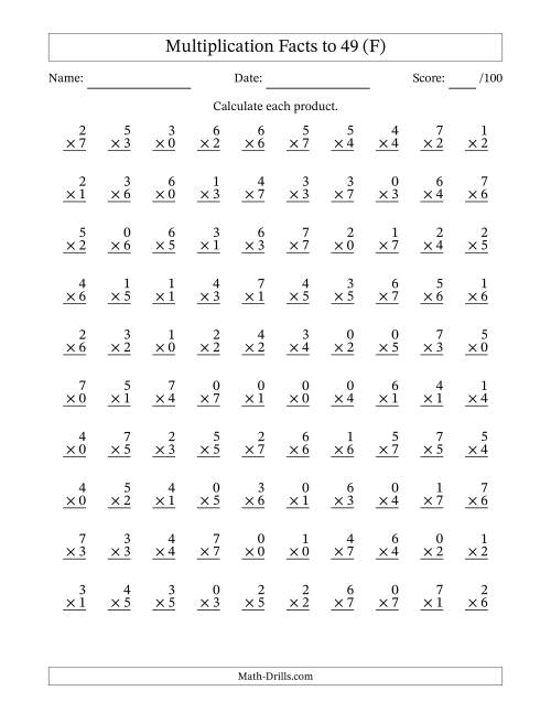 The Multiplication Facts to 49 (100 Questions) (With Zeros) (F) Math Worksheet