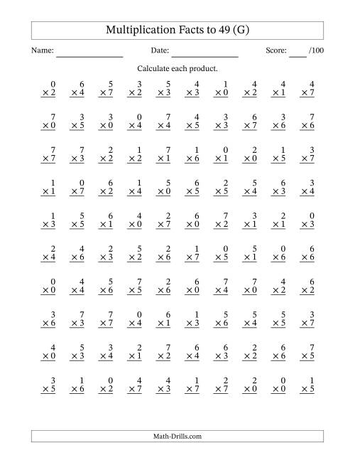 The Multiplication Facts to 49 (100 Questions) (With Zeros) (G) Math Worksheet