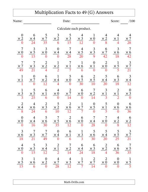 The Multiplication Facts to 49 (100 Questions) (With Zeros) (G) Math Worksheet Page 2