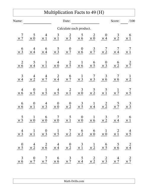 The Multiplication Facts to 49 (100 Questions) (With Zeros) (H) Math Worksheet