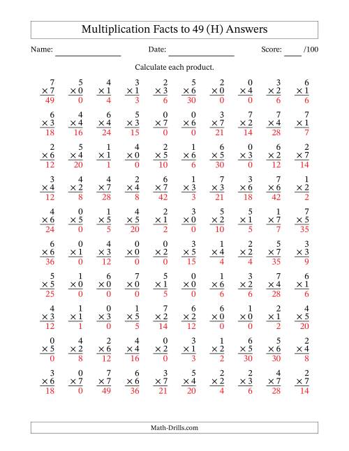 The Multiplication Facts to 49 (100 Questions) (With Zeros) (H) Math Worksheet Page 2