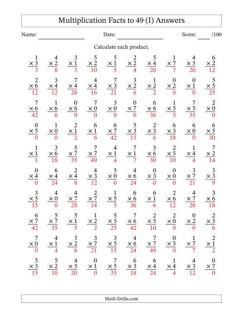 The Multiplication Facts to 49 (100 Questions) (With Zeros) (I) Math Worksheet Page 2