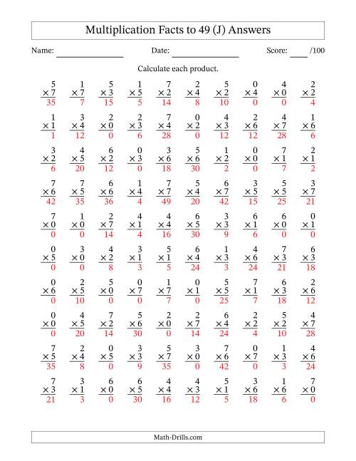 The Multiplication Facts to 49 (100 Questions) (With Zeros) (J) Math Worksheet Page 2