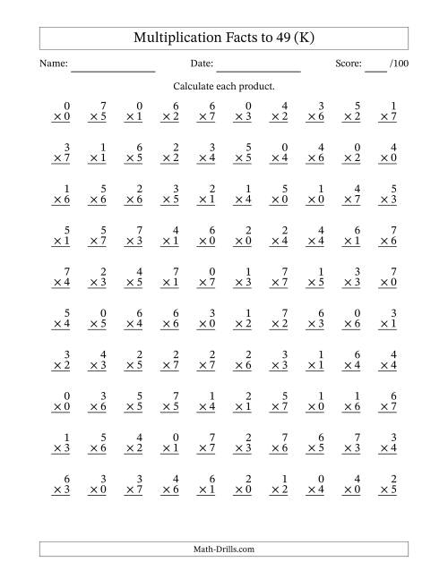 The Multiplication Facts to 49 (100 Questions) (With Zeros) (K) Math Worksheet