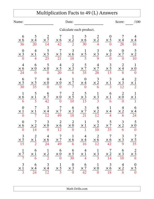 The Multiplication Facts to 49 (100 Questions) (With Zeros) (L) Math Worksheet Page 2
