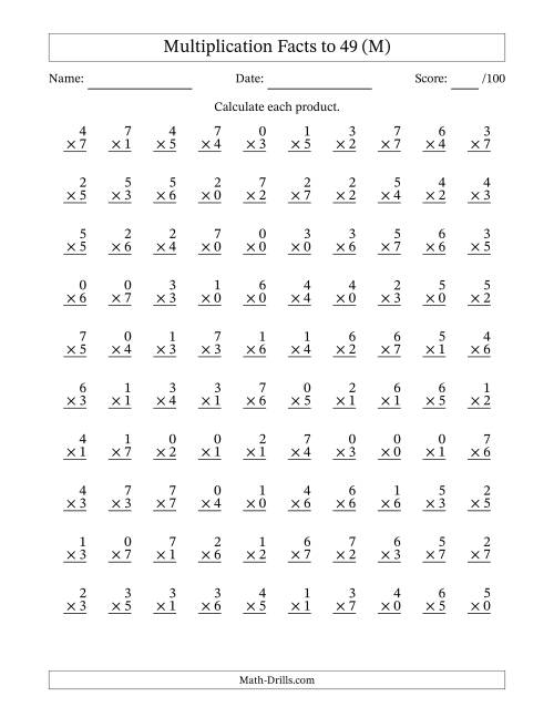 The Multiplication Facts to 49 (100 Questions) (With Zeros) (M) Math Worksheet