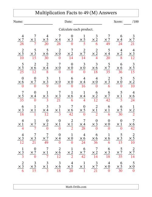 The Multiplication Facts to 49 (100 Questions) (With Zeros) (M) Math Worksheet Page 2