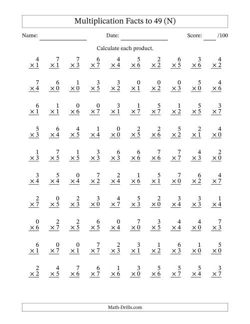 The Multiplication Facts to 49 (100 Questions) (With Zeros) (N) Math Worksheet