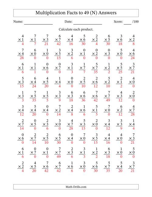 The Multiplication Facts to 49 (100 Questions) (With Zeros) (N) Math Worksheet Page 2