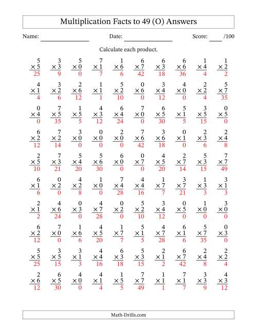 The Multiplication Facts to 49 (100 Questions) (With Zeros) (O) Math Worksheet Page 2