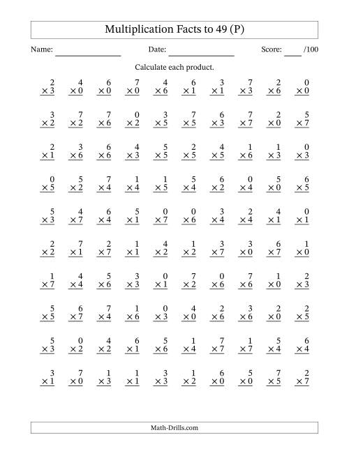 The Multiplication Facts to 49 (100 Questions) (With Zeros) (P) Math Worksheet