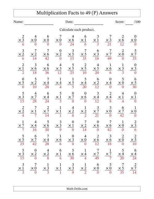 The Multiplication Facts to 49 (100 Questions) (With Zeros) (P) Math Worksheet Page 2