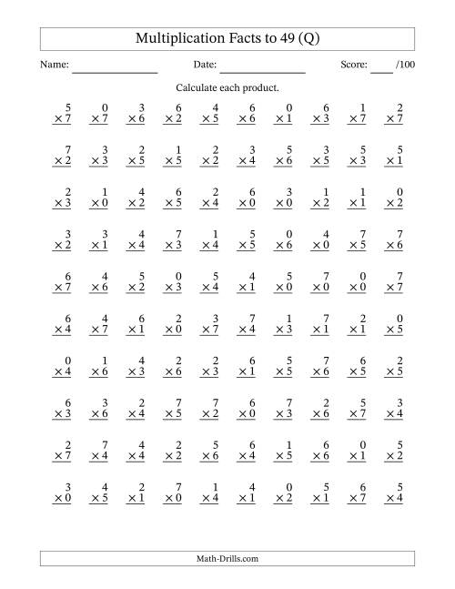 The Multiplication Facts to 49 (100 Questions) (With Zeros) (Q) Math Worksheet