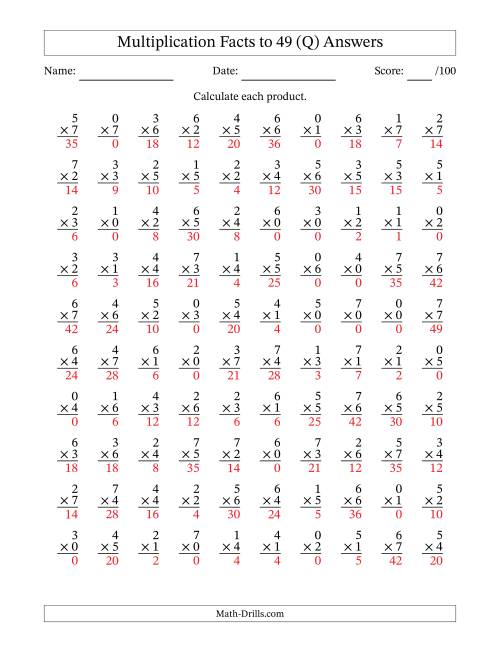 The Multiplication Facts to 49 (100 Questions) (With Zeros) (Q) Math Worksheet Page 2