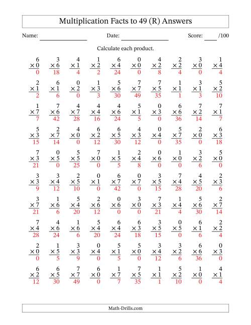 The Multiplication Facts to 49 (100 Questions) (With Zeros) (R) Math Worksheet Page 2