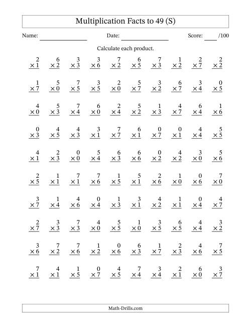 The Multiplication Facts to 49 (100 Questions) (With Zeros) (S) Math Worksheet
