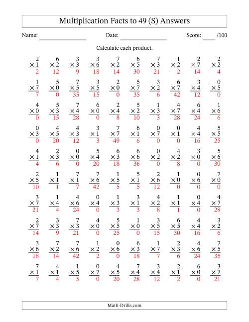 The Multiplication Facts to 49 (100 Questions) (With Zeros) (S) Math Worksheet Page 2
