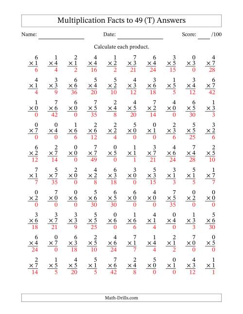 The Multiplication Facts to 49 (100 Questions) (With Zeros) (T) Math Worksheet Page 2