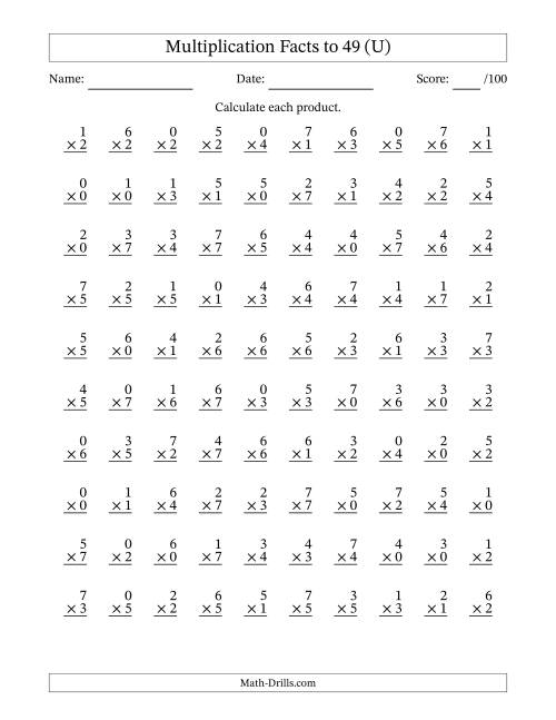 The Multiplication Facts to 49 (100 Questions) (With Zeros) (U) Math Worksheet