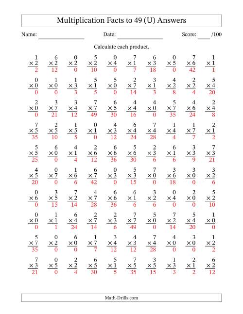 The Multiplication Facts to 49 (100 Questions) (With Zeros) (U) Math Worksheet Page 2